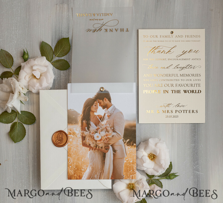 THANK YOU CARDS photo gold vellum plexi Printed vellum Wedding Photo Thank You Cards, Modern Wedding Thank You Cards with Photo, Minimalist Thank You Cards Wedding