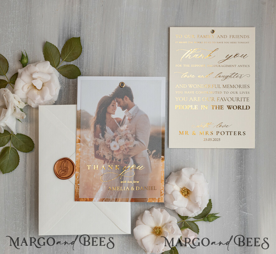 THANK YOU CARDS photo gold vellum plexi Printed vellum Wedding Photo Thank You Cards, Modern Wedding Thank You Cards with Photo, Minimalist Thank You Cards Wedding