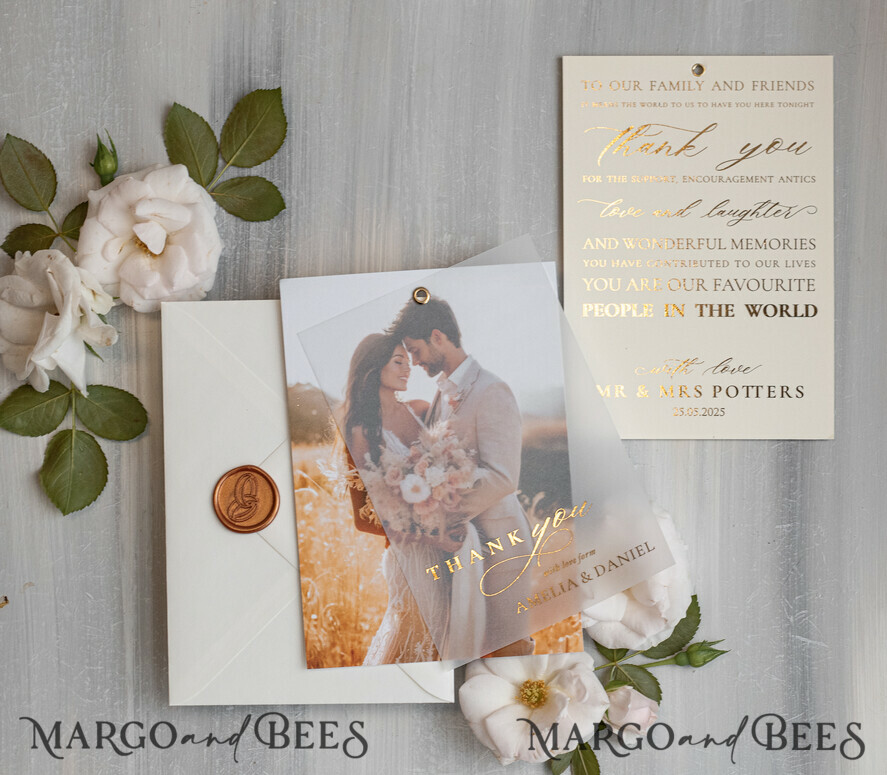 THANK YOU CARDS photo gold vellum plexi Printed vellum Wedding Photo Thank You Cards, Modern Wedding Thank You Cards with Photo, Minimalist Thank You Cards Wedding
