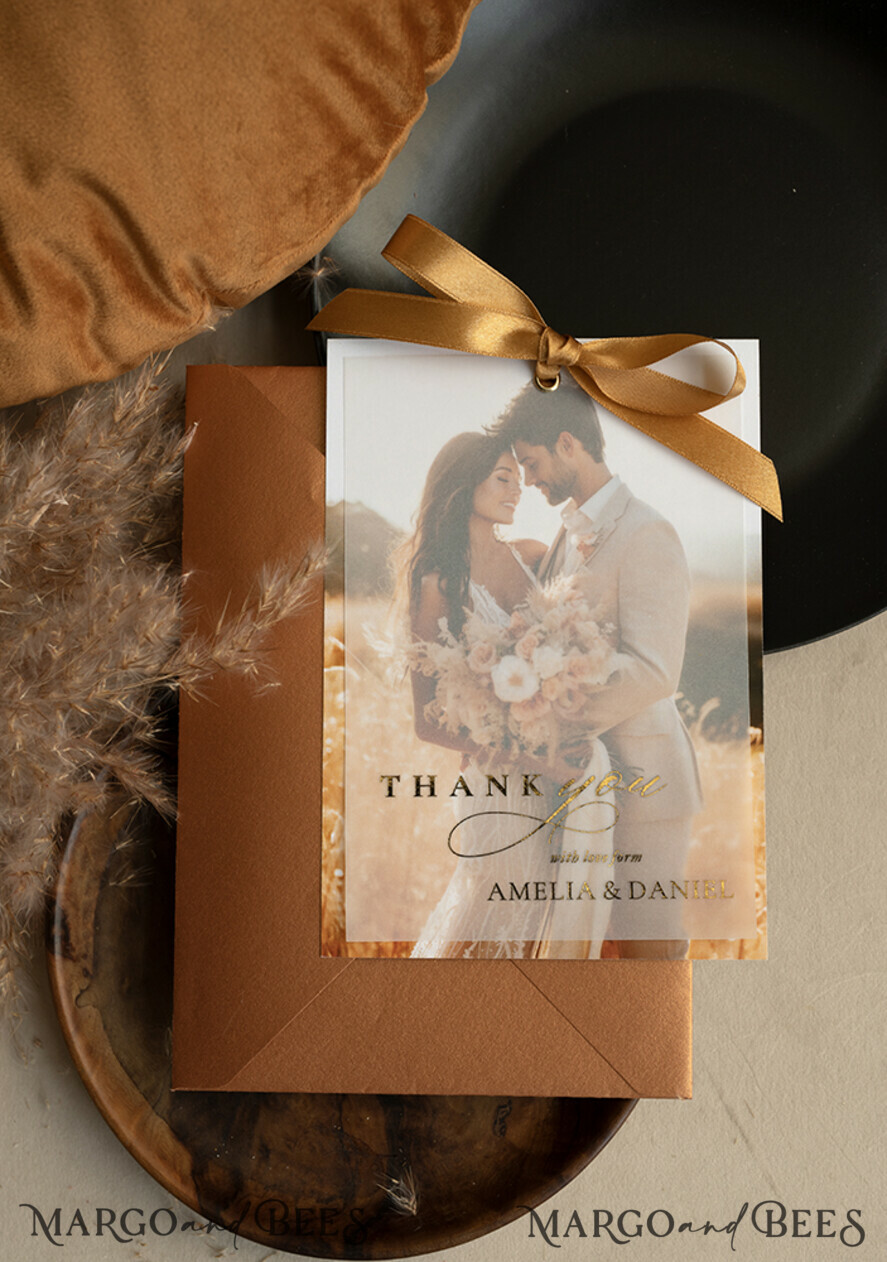 THANK YOU CARDS photo gold vellum plexi Printed vellum Wedding Photo Thank You Cards, Modern Wedding Thank You Cards with Photo, Minimalist Thank You Cards Wedding