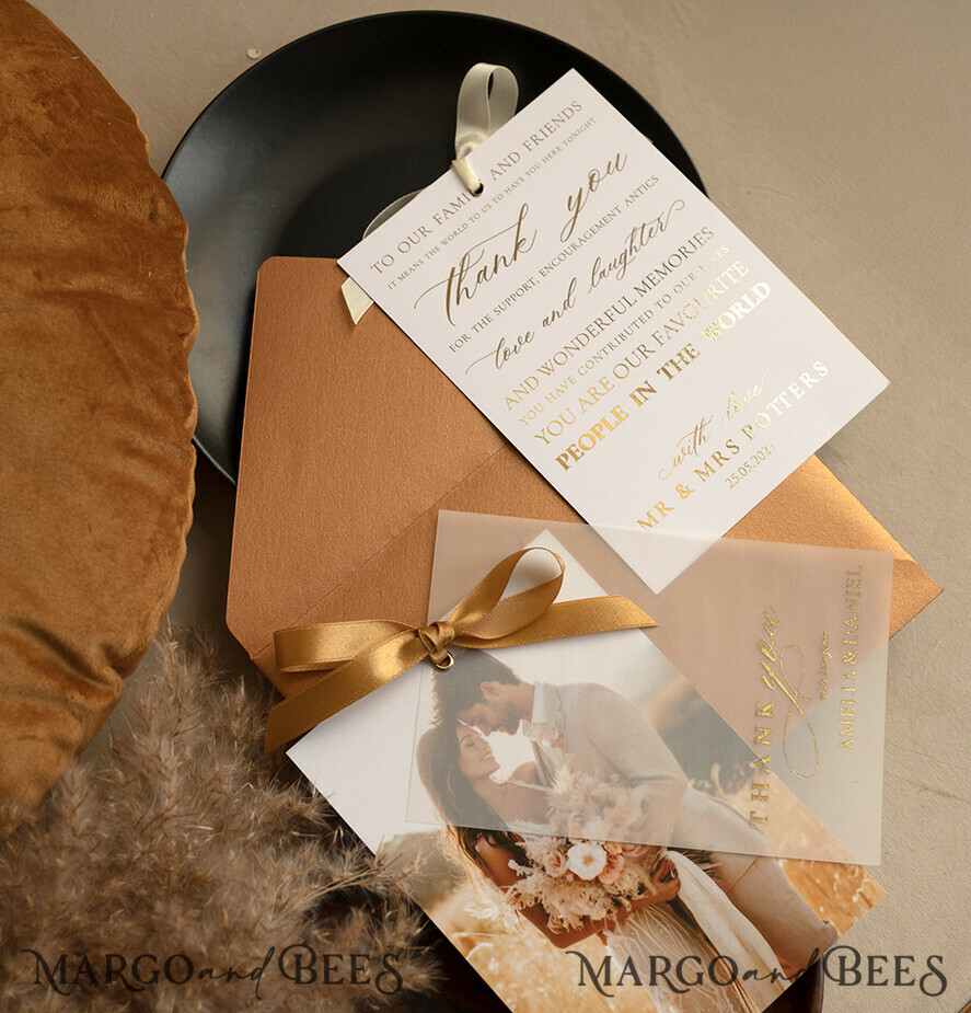 THANK YOU CARDS photo gold vellum plexi Printed vellum Wedding Photo Thank You Cards, Modern Wedding Thank You Cards with Photo, Minimalist Thank You Cards Wedding
