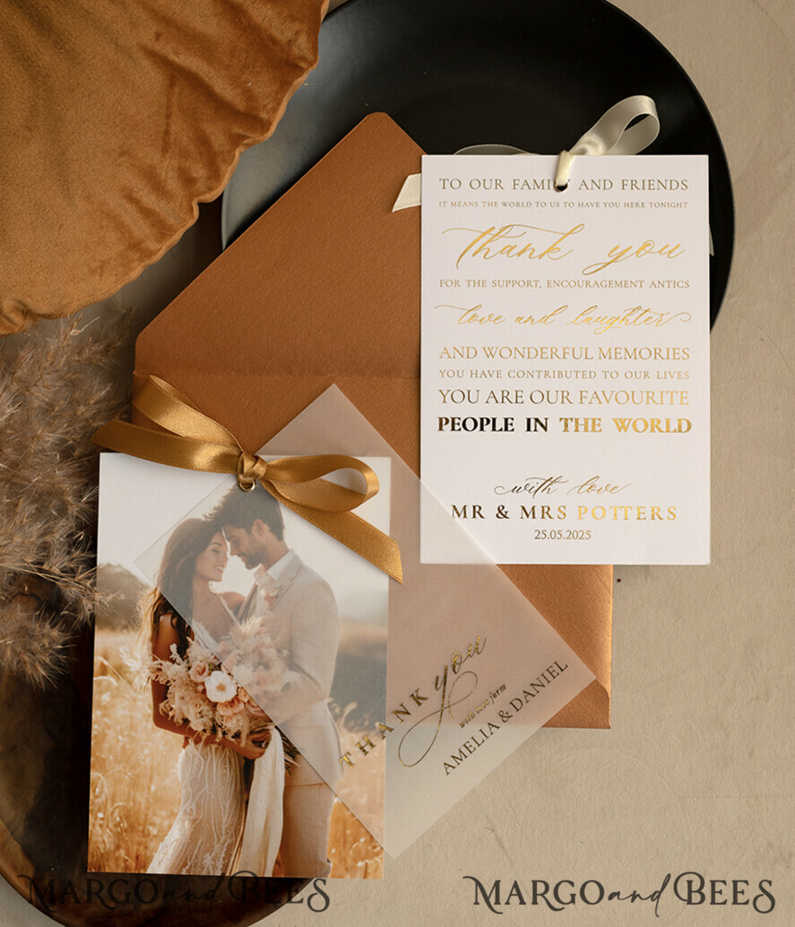THANK YOU CARDS photo gold vellum plexi Printed vellum Wedding Photo Thank You Cards, Modern Wedding Thank You Cards with Photo, Minimalist Thank You Cards Wedding