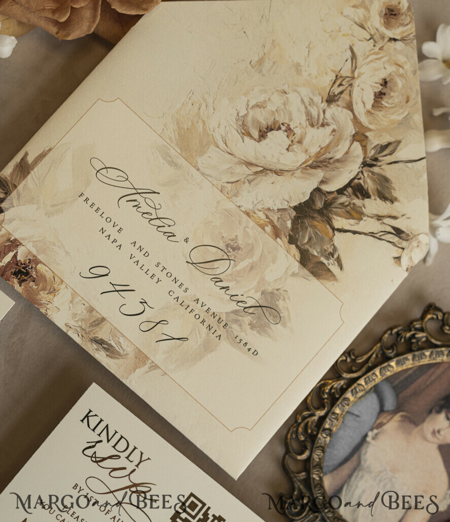 WEDDING INVITATIONS Vintage Baroque Vintage Baroque Wedding Invitation suite Beige Golden Fine art Roses Wedding Invitations with rsvp Victorian wedding crest Chinoiserie Invites Royal Ornamental frame