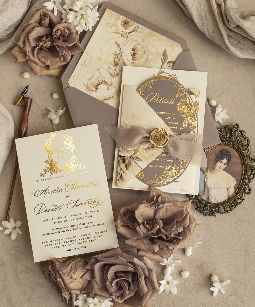 WEDDING INVITATIONS Vintage Baroque Vintage Baroque Wedding Invitation suite Beige Golden Fine art Roses Wedding Invitations with rsvp Victorian wedding crest Chinoiserie Invites Royal Ornamental frame