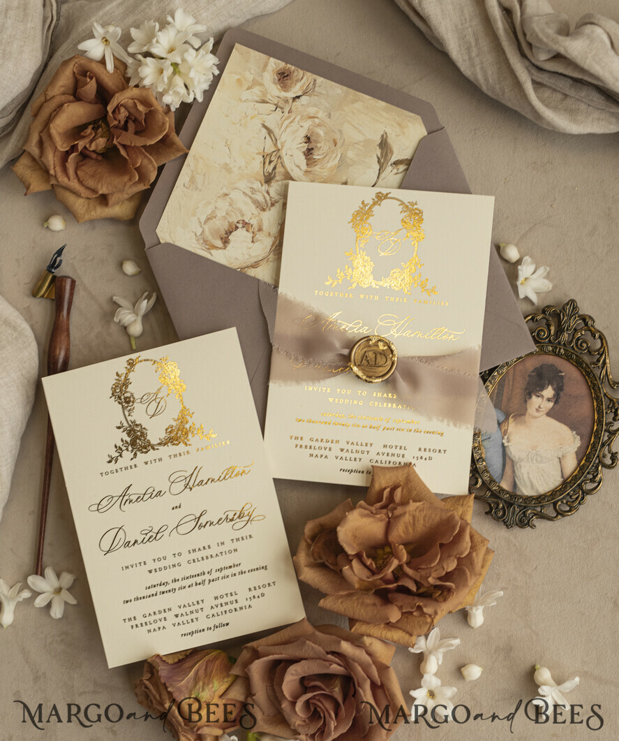 WEDDING INVITATIONS Vintage Baroque Vintage Baroque Wedding Invitation suite Beige Golden Fine art Roses Wedding Invitations with rsvp Victorian wedding crest Chinoiserie Invites Royal Ornamental frame