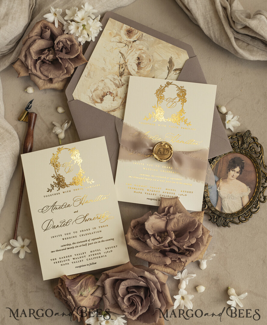 WEDDING INVITATIONS Vintage Baroque Vintage Baroque Wedding Invitation suite Beige Golden Fine art Roses Wedding Invitations with rsvp Victorian wedding crest Chinoiserie Invites Royal Ornamental frame