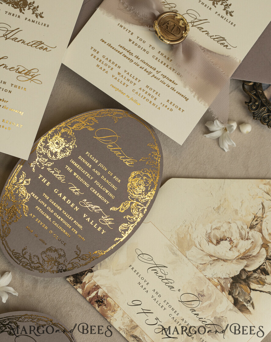 WEDDING INVITATIONS Vintage Baroque Vintage Baroque Wedding Invitation suite Beige Golden Fine art Roses Wedding Invitations with rsvp Victorian wedding crest Chinoiserie Invites Royal Ornamental frame