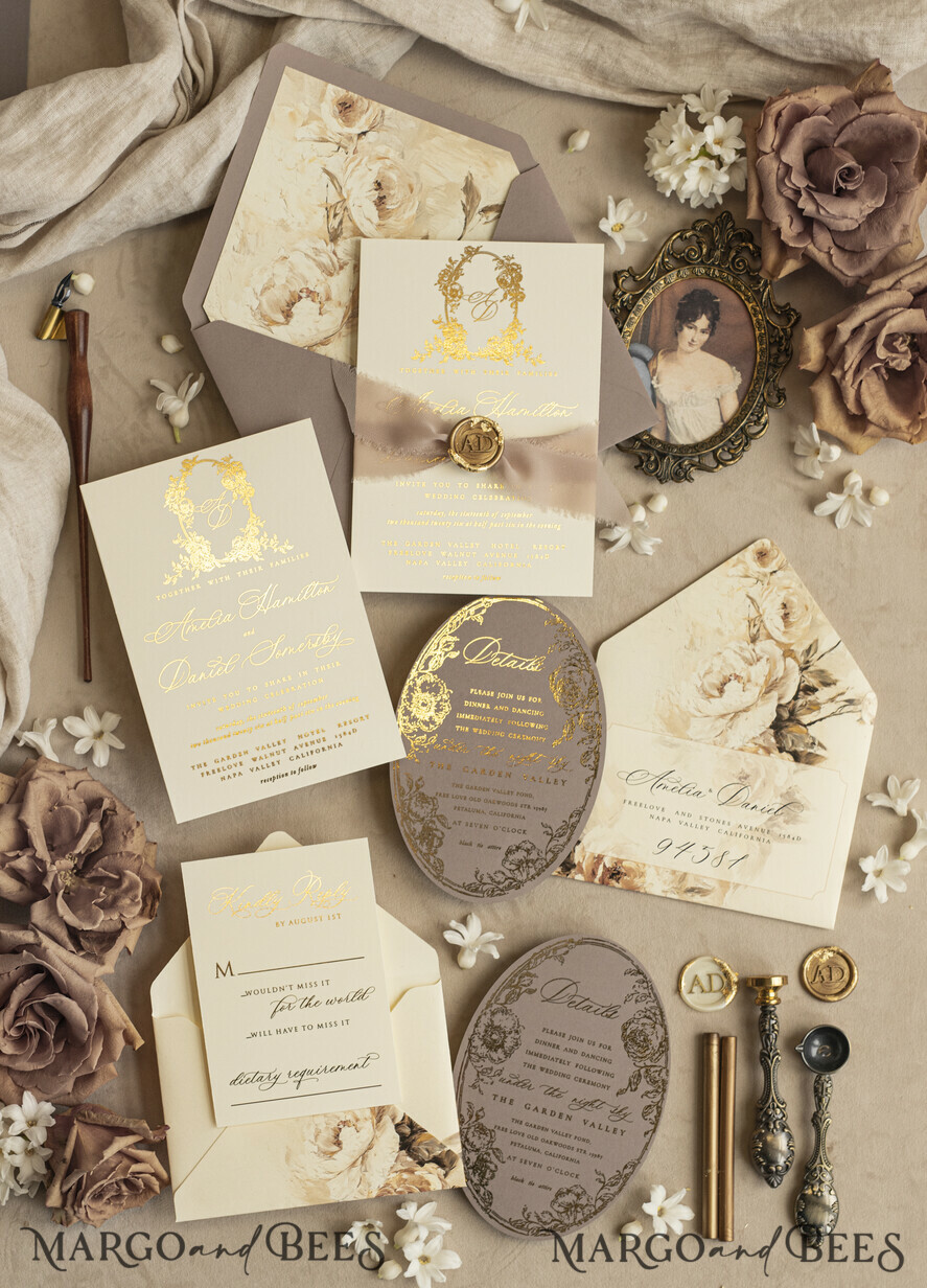 WEDDING INVITATIONS Vintage Baroque Vintage Baroque Wedding Invitation suite Beige Golden Fine art Roses Wedding Invitations with rsvp Victorian wedding crest Chinoiserie Invites Royal Ornamental frame