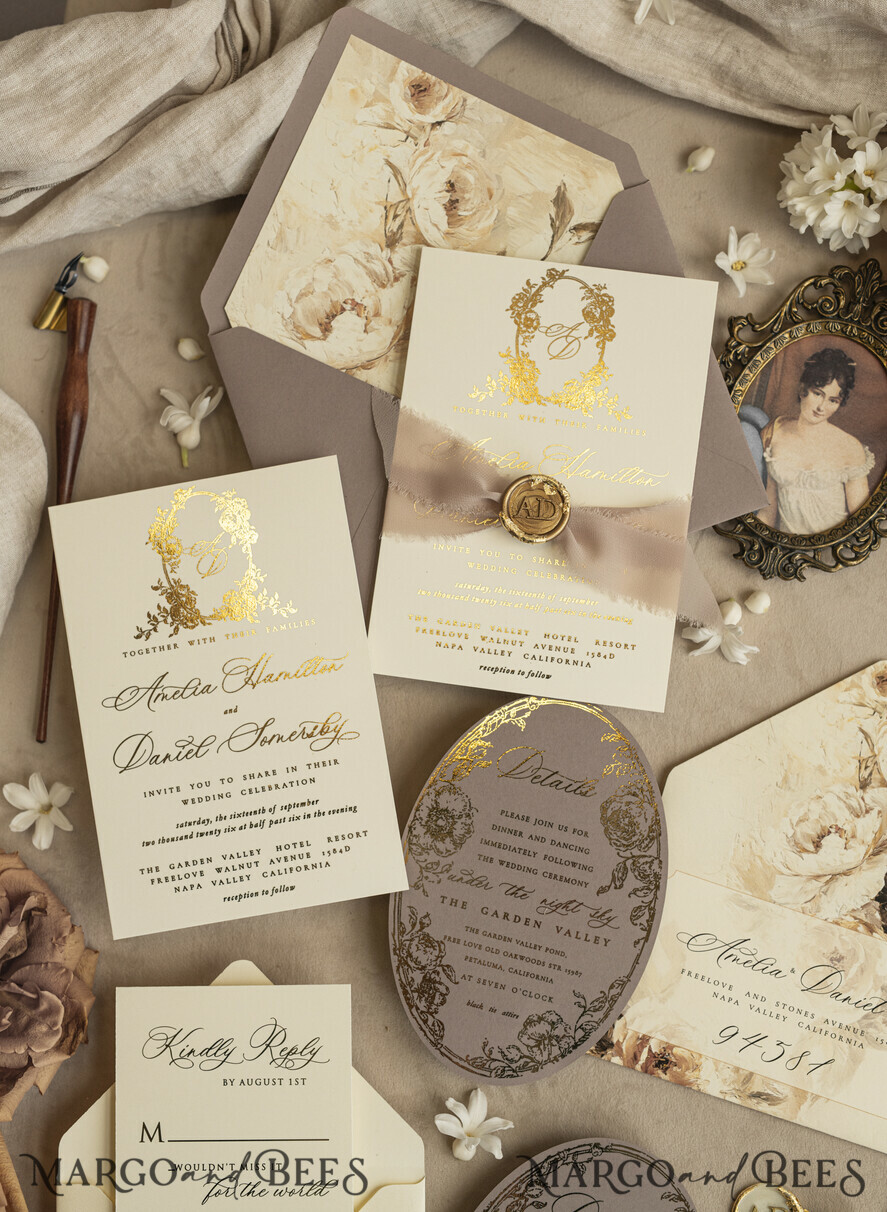 WEDDING INVITATIONS Vintage Baroque Vintage Baroque Wedding Invitation suite Beige Golden Fine art Roses Wedding Invitations with rsvp Victorian wedding crest Chinoiserie Invites Royal Ornamental frame