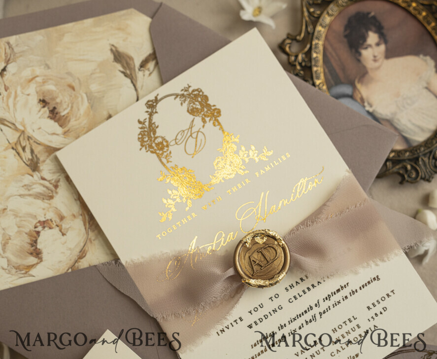 WEDDING INVITATIONS Vintage Baroque Vintage Baroque Wedding Invitation suite Beige Golden Fine art Roses Wedding Invitations with rsvp Victorian wedding crest Chinoiserie Invites Royal Ornamental frame