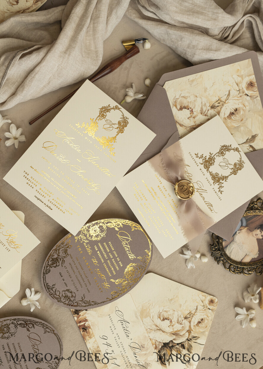 WEDDING INVITATIONS Vintage Baroque Vintage Baroque Wedding Invitation suite Beige Golden Fine art Roses Wedding Invitations with rsvp Victorian wedding crest Chinoiserie Invites Royal Ornamental frame