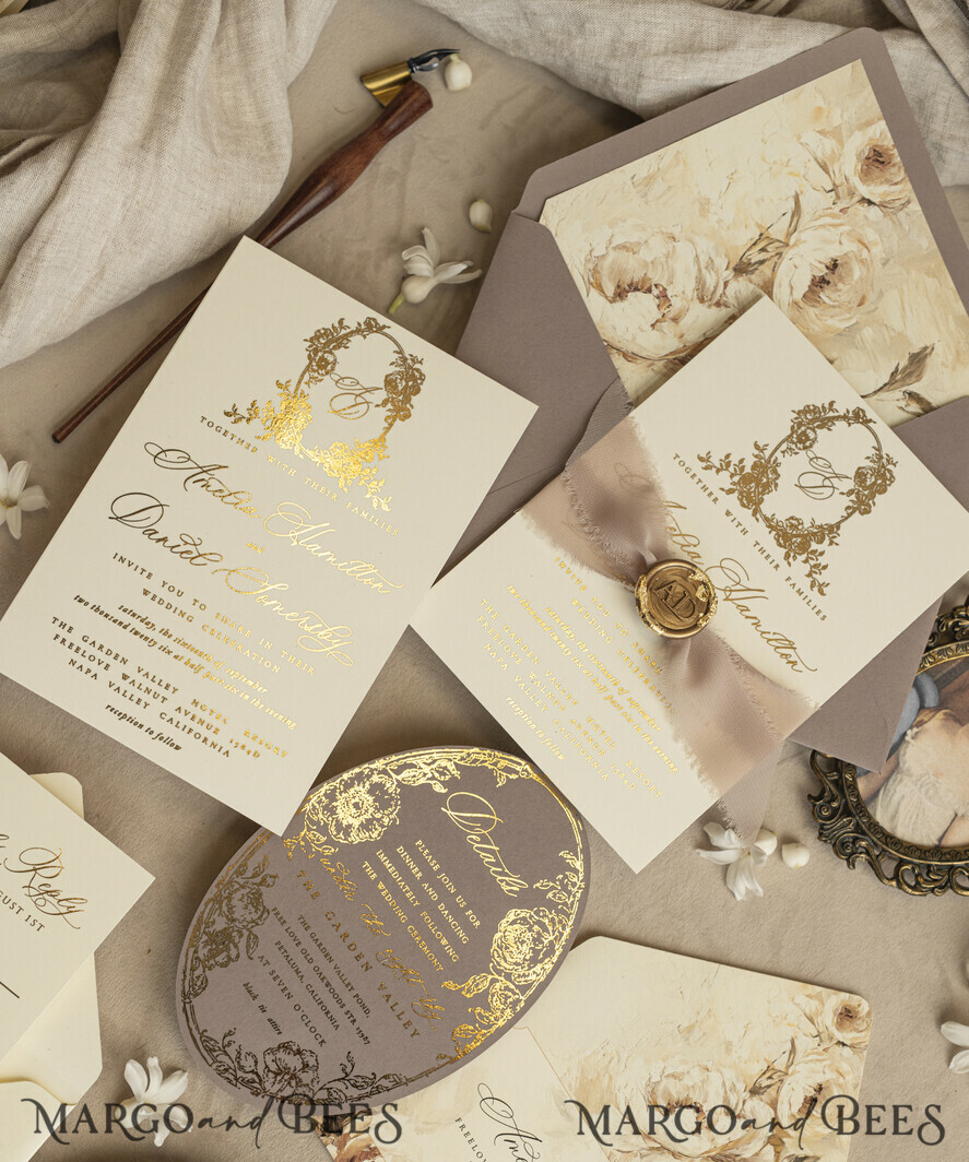 WEDDING INVITATIONS Vintage Baroque Vintage Baroque Wedding Invitation suite Beige Golden Fine art Roses Wedding Invitations with rsvp Victorian wedding crest Chinoiserie Invites Royal Ornamental frame