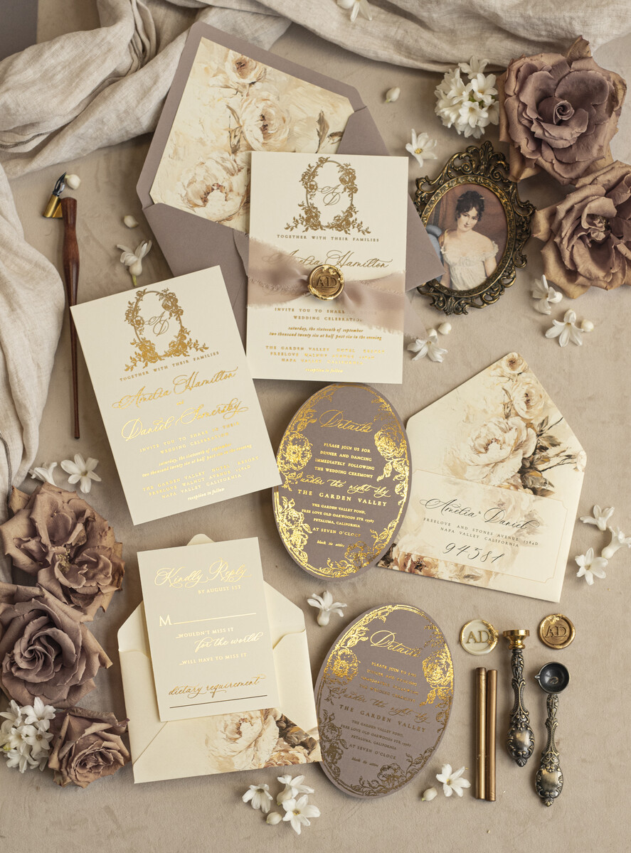 WEDDING INVITATIONS Vintage Baroque Vintage Baroque Wedding Invitation suite Beige Golden Fine art Roses Wedding Invitations with rsvp Victorian wedding crest Chinoiserie Invites Royal Ornamental frame