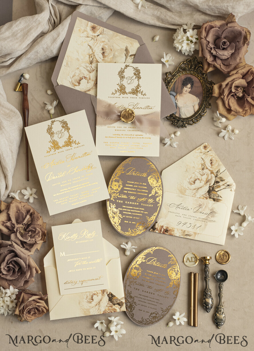 WEDDING INVITATIONS Vintage Baroque Vintage Baroque Wedding Invitation suite Beige Golden Fine art Roses Wedding Invitations with rsvp Victorian wedding crest Chinoiserie Invites Royal Ornamental frame