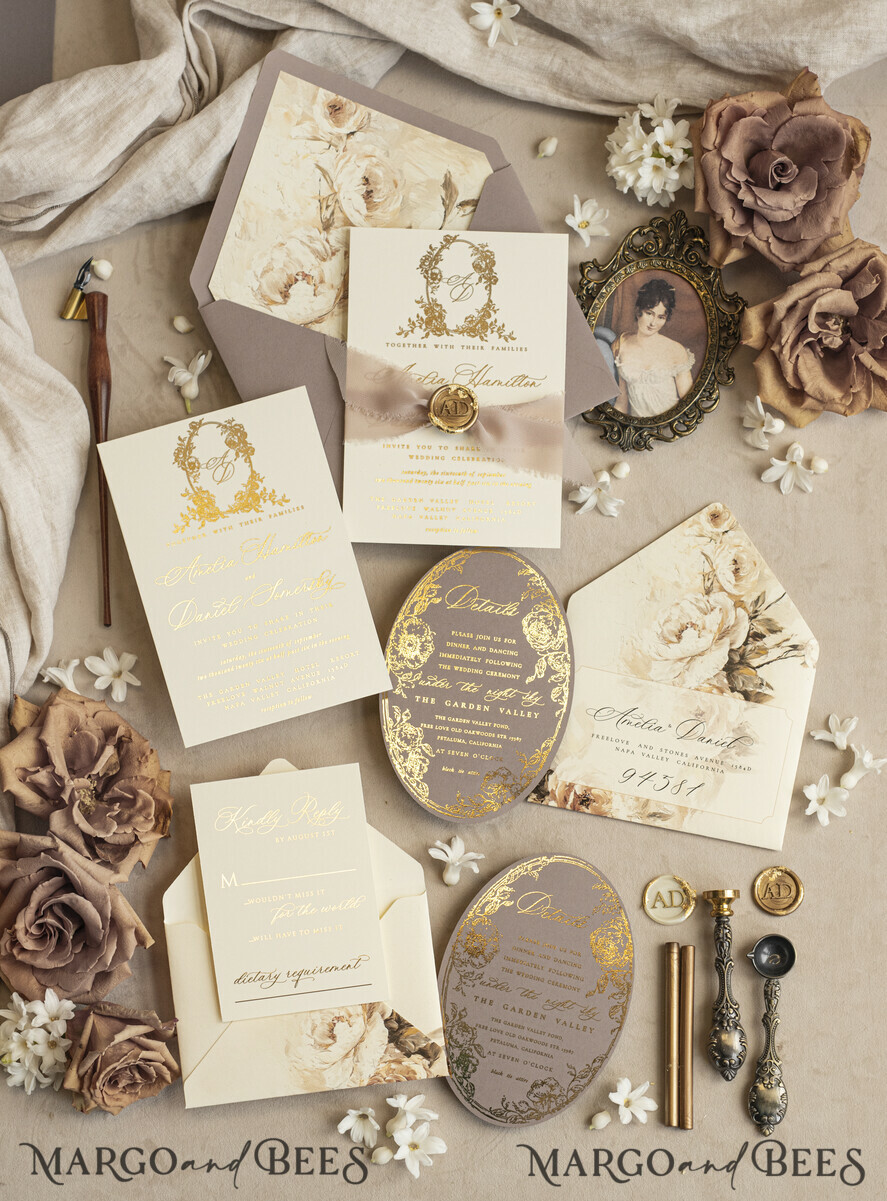 WEDDING INVITATIONS Vintage Baroque Vintage Baroque Wedding Invitation suite Beige Golden Fine art Roses Wedding Invitations with rsvp Victorian wedding crest Chinoiserie Invites Royal Ornamental frame