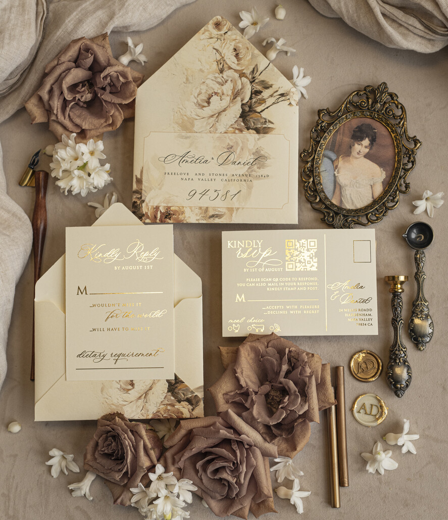 WEDDING INVITATIONS Vintage Baroque Vintage Baroque Wedding Invitation suite Beige Golden Fine art Roses Wedding Invitations with rsvp Victorian wedding crest Chinoiserie Invites Royal Ornamental frame
