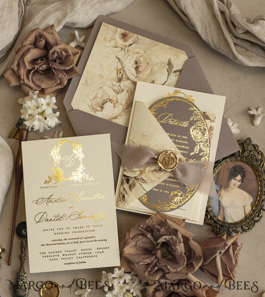 WEDDING INVITATIONS Vintage Baroque Vintage Baroque Wedding Invitation suite Beige Golden Fine art Roses Wedding Invitations with rsvp Victorian wedding crest Chinoiserie Invites Royal Ornamental frame