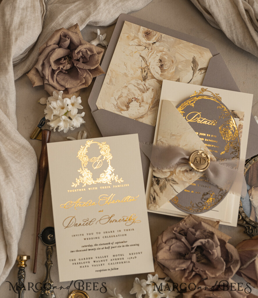 WEDDING INVITATIONS Vintage Baroque Vintage Baroque Wedding Invitation suite Beige Golden Fine art Roses Wedding Invitations with rsvp Victorian wedding crest Chinoiserie Invites Royal Ornamental frame