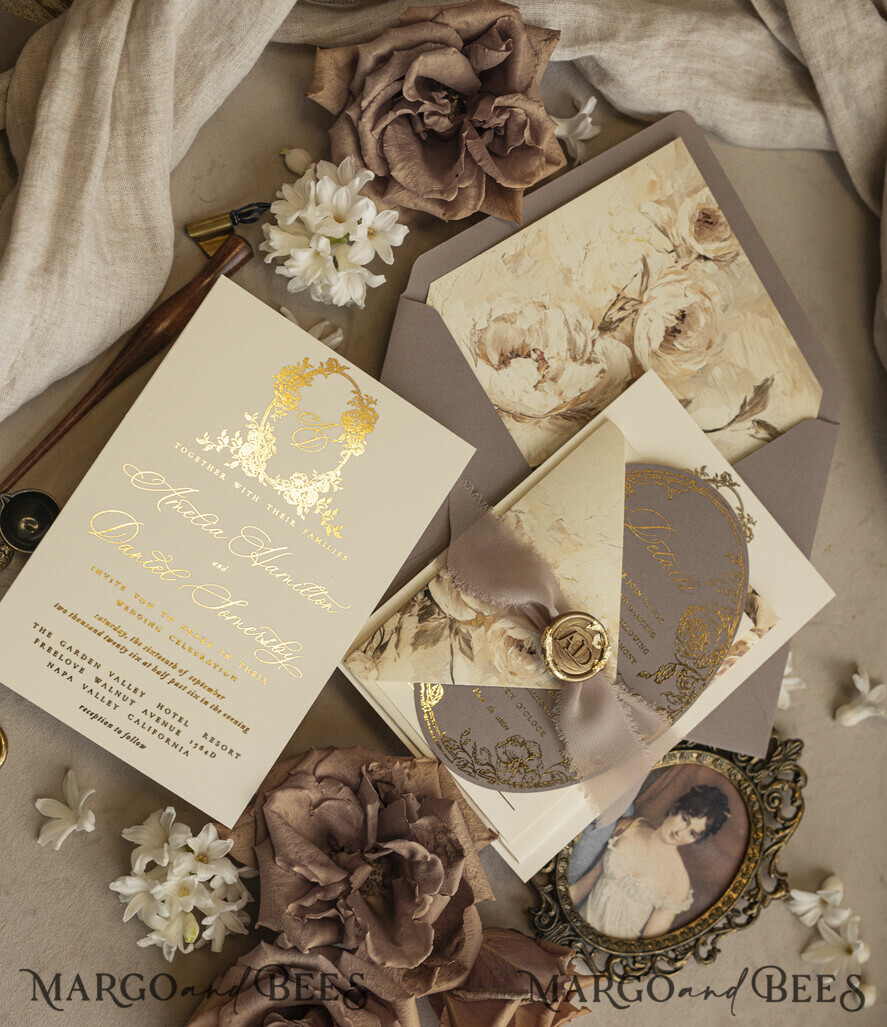 WEDDING INVITATIONS Vintage Baroque Vintage Baroque Wedding Invitation suite Beige Golden Fine art Roses Wedding Invitations with rsvp Victorian wedding crest Chinoiserie Invites Royal Ornamental frame