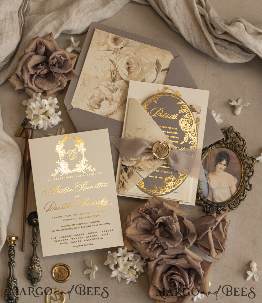 WEDDING INVITATIONS Vintage Baroque Vintage Baroque Wedding Invitation suite Beige Golden Fine art Roses Wedding Invitations with rsvp Victorian wedding crest Chinoiserie Invites Royal Ornamental frame