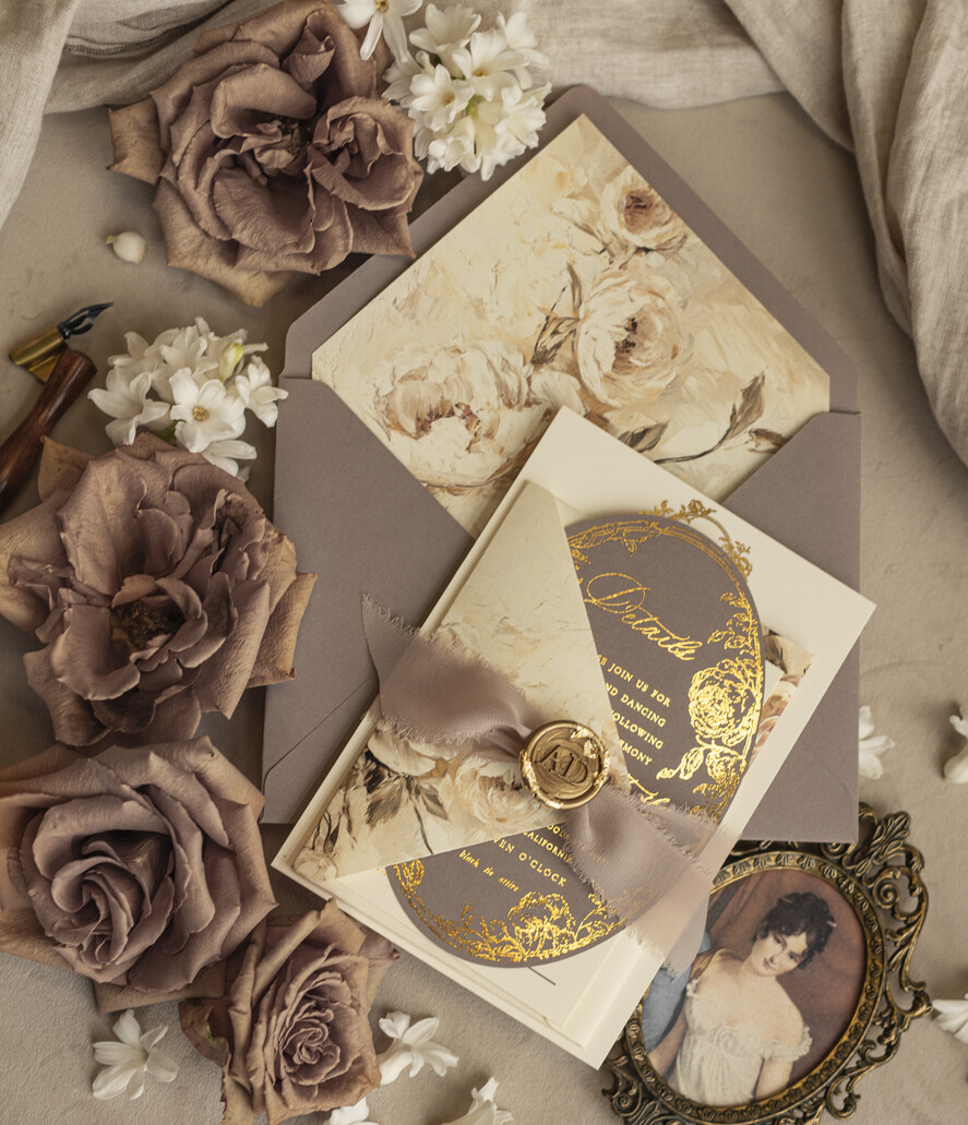 WEDDING INVITATIONS Vintage Baroque Vintage Baroque Wedding Invitation suite Beige Golden Fine art Roses Wedding Invitations with rsvp Victorian wedding crest Chinoiserie Invites Royal Ornamental frame