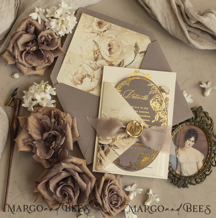 WEDDING INVITATIONS Vintage Baroque Vintage Baroque Wedding Invitation suite Beige Golden Fine art Roses Wedding Invitations with rsvp Victorian wedding crest Chinoiserie Invites Royal Ornamental frame