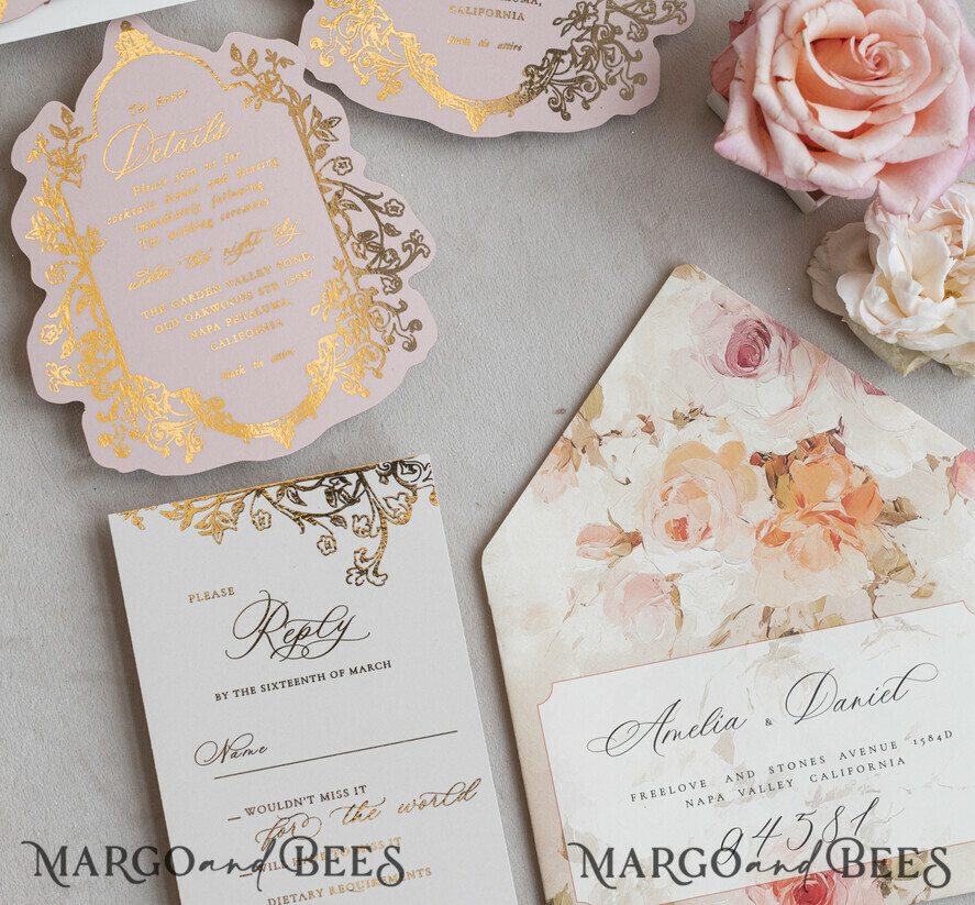 WEDDING INVITATIONS Vintage Baroque Vintage Baroque Wedding Invitation suite Beige Golden Fine art Roses Wedding Invitations with rsvp Victorian wedding crest Chinoiserie Invites Royal Ornamental frame