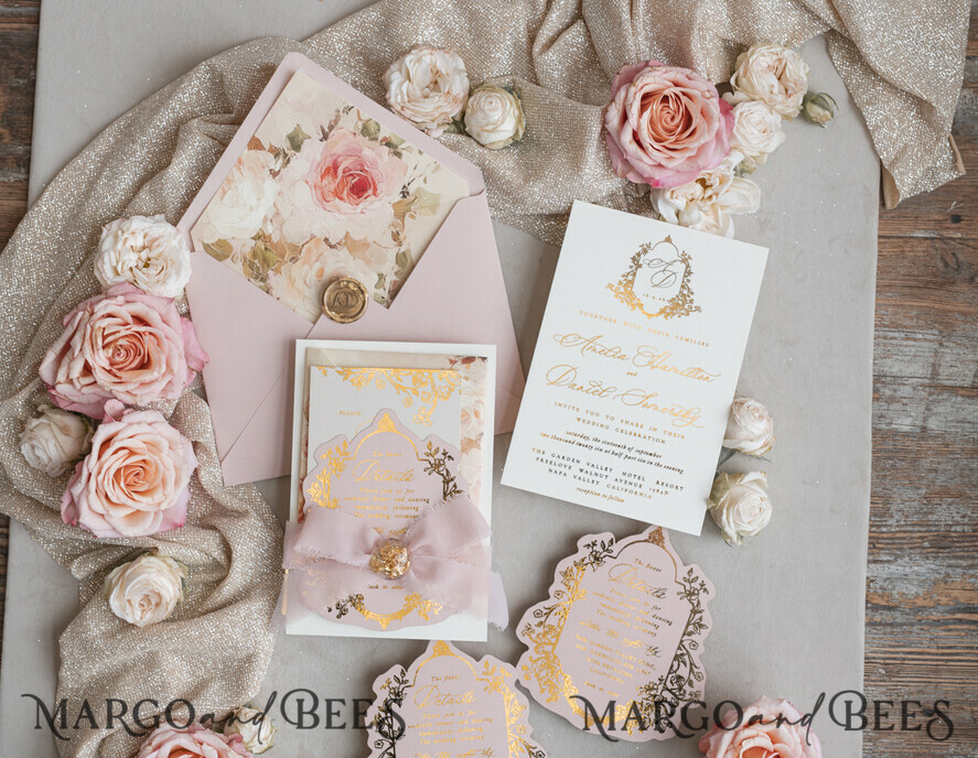 WEDDING INVITATIONS Vintage Baroque Vintage Baroque Wedding Invitation suite Beige Golden Fine art Roses Wedding Invitations with rsvp Victorian wedding crest Chinoiserie Invites Royal Ornamental frame