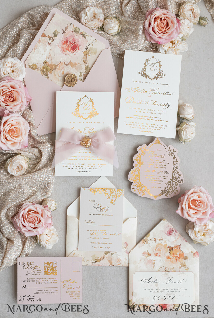 WEDDING INVITATIONS Vintage Baroque Vintage Baroque Wedding Invitation suite Beige Golden Fine art Roses Wedding Invitations with rsvp Victorian wedding crest Chinoiserie Invites Royal Ornamental frame