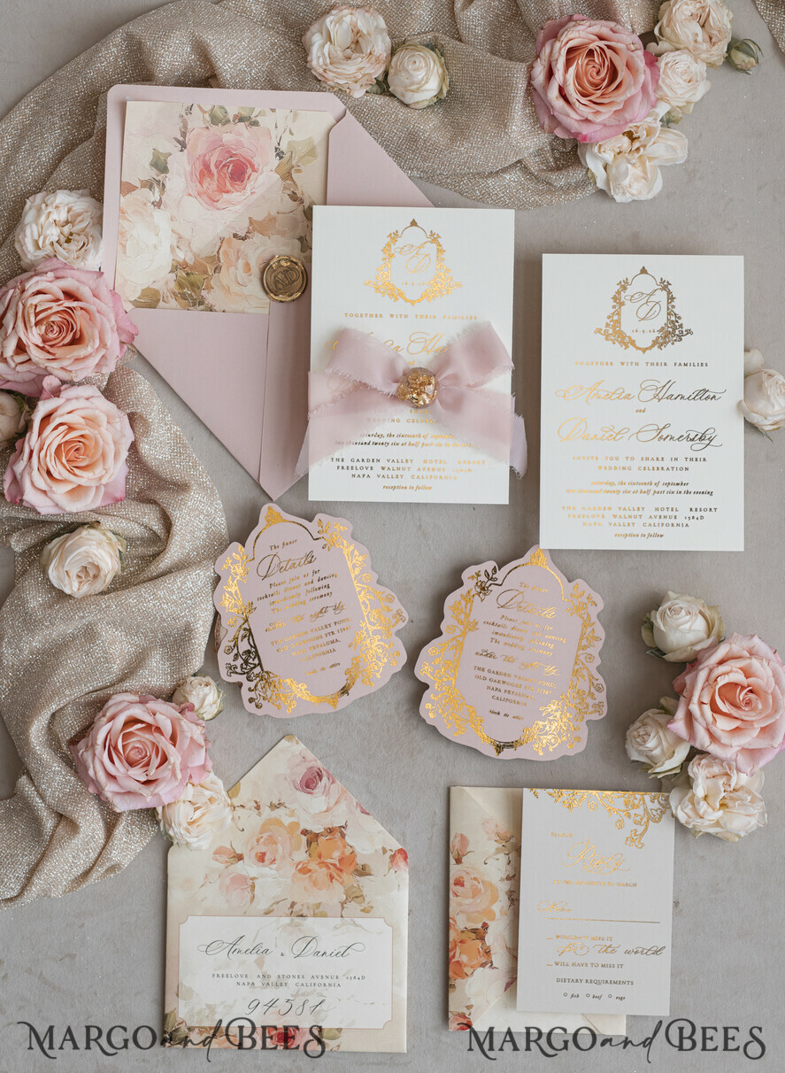 WEDDING INVITATIONS Vintage Baroque Vintage Baroque Wedding Invitation suite Beige Golden Fine art Roses Wedding Invitations with rsvp Victorian wedding crest Chinoiserie Invites Royal Ornamental frame