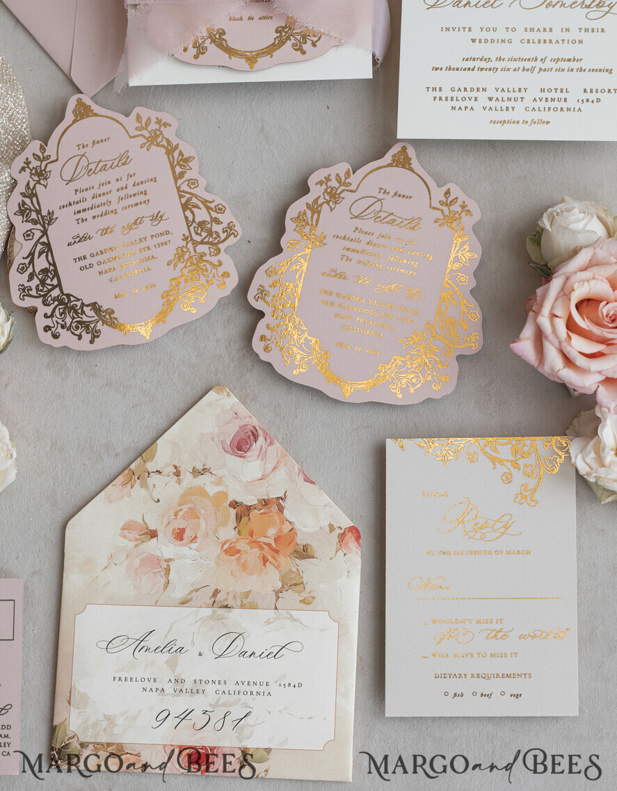WEDDING INVITATIONS Vintage Baroque Vintage Baroque Wedding Invitation suite Beige Golden Fine art Roses Wedding Invitations with rsvp Victorian wedding crest Chinoiserie Invites Royal Ornamental frame