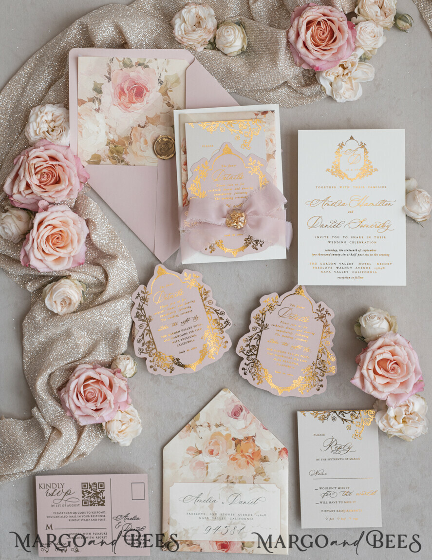 WEDDING INVITATIONS Vintage Baroque Vintage Baroque Wedding Invitation suite Beige Golden Fine art Roses Wedding Invitations with rsvp Victorian wedding crest Chinoiserie Invites Royal Ornamental frame