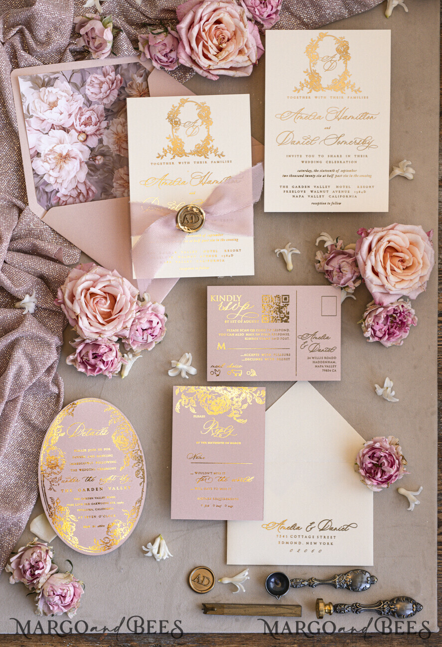 WEDDING INVITATIONS Vintage Baroque Vintage Baroque Wedding Invitation suite Beige Golden Fine art Roses Wedding Invitations with rsvp Victorian wedding crest Chinoiserie Invites Royal Ornamental frame