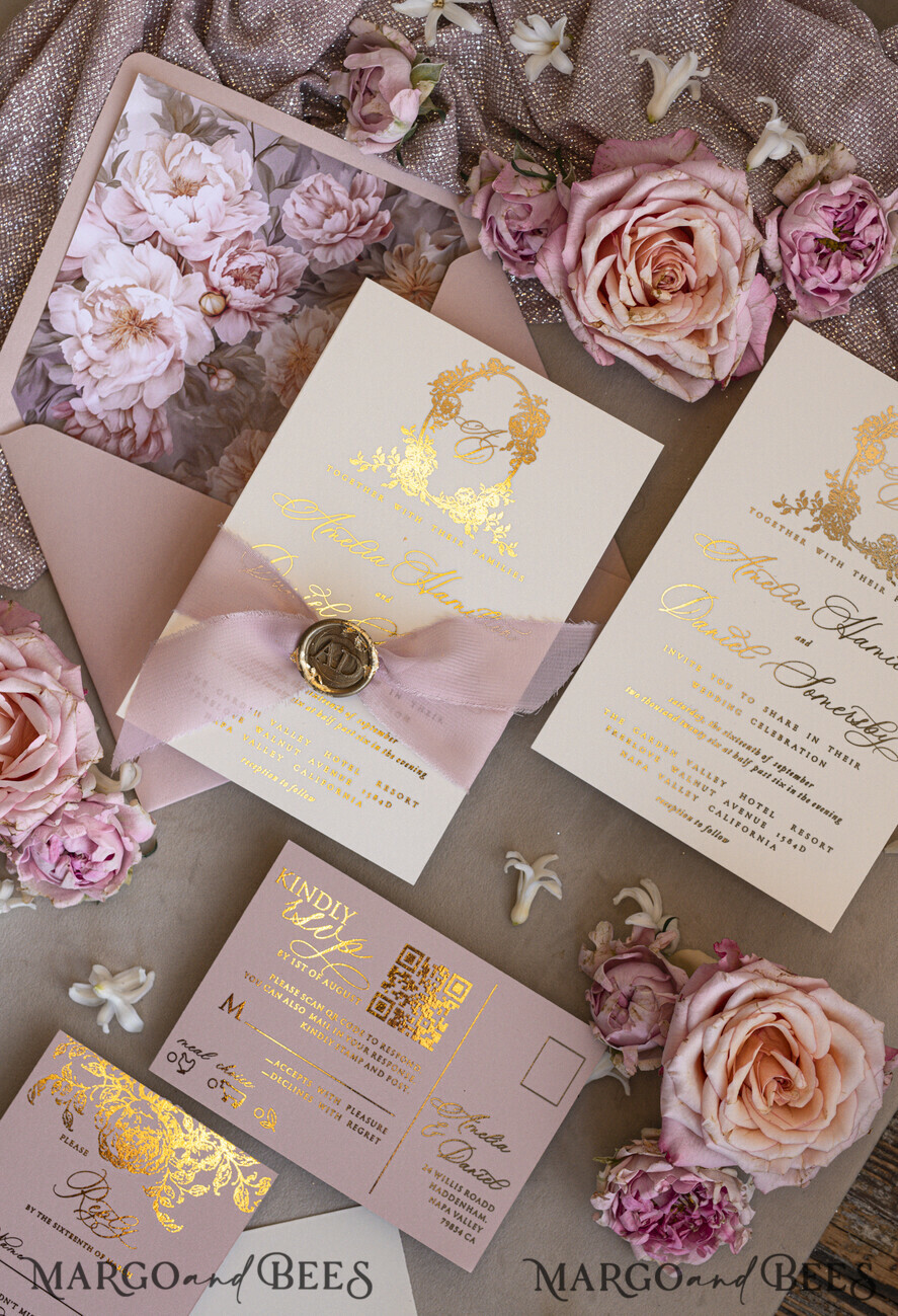 WEDDING INVITATIONS Vintage Baroque Vintage Baroque Wedding Invitation suite Beige Golden Fine art Roses Wedding Invitations with rsvp Victorian wedding crest Chinoiserie Invites Royal Ornamental frame
