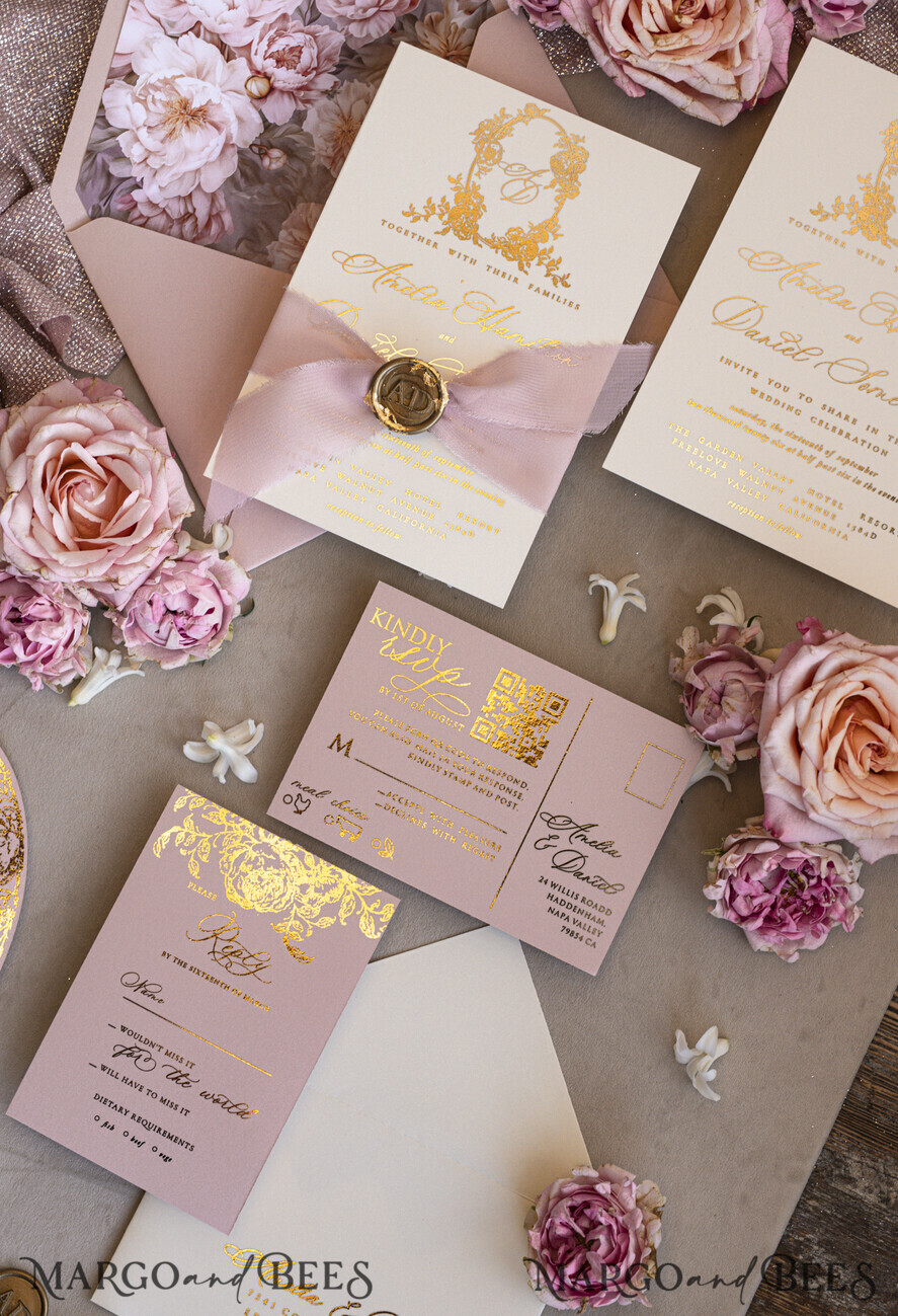 WEDDING INVITATIONS Vintage Baroque Vintage Baroque Wedding Invitation suite Beige Golden Fine art Roses Wedding Invitations with rsvp Victorian wedding crest Chinoiserie Invites Royal Ornamental frame