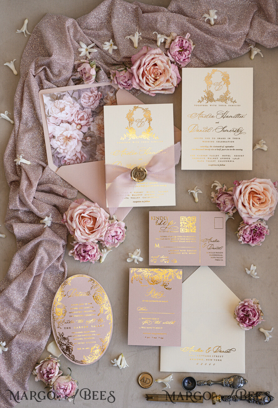WEDDING INVITATIONS Vintage Baroque Vintage Baroque Wedding Invitation suite Beige Golden Fine art Roses Wedding Invitations with rsvp Victorian wedding crest Chinoiserie Invites Royal Ornamental frame