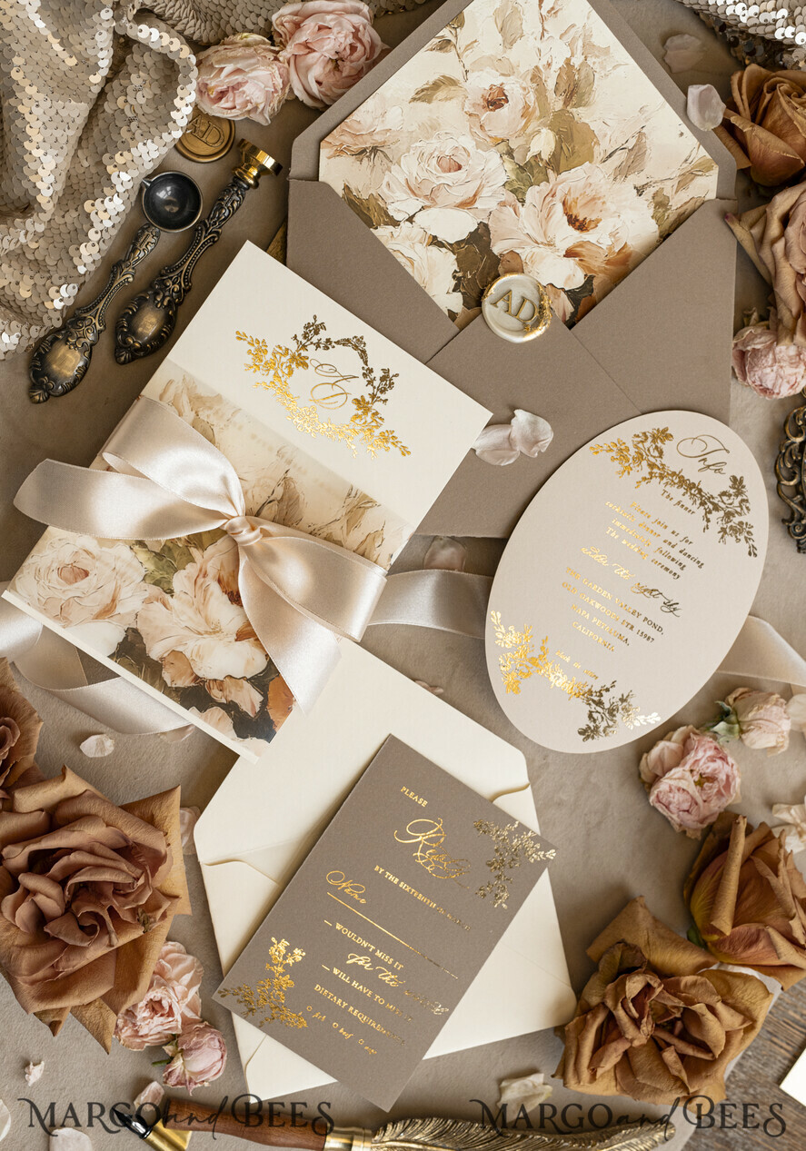 WEDDING INVITATIONS Vintage Baroque Vintage Baroque Wedding Invitation suite Beige Golden Fine art Roses Wedding Invitations with rsvp Victorian wedding crest Chinoiserie Invites Royal Ornamental frame