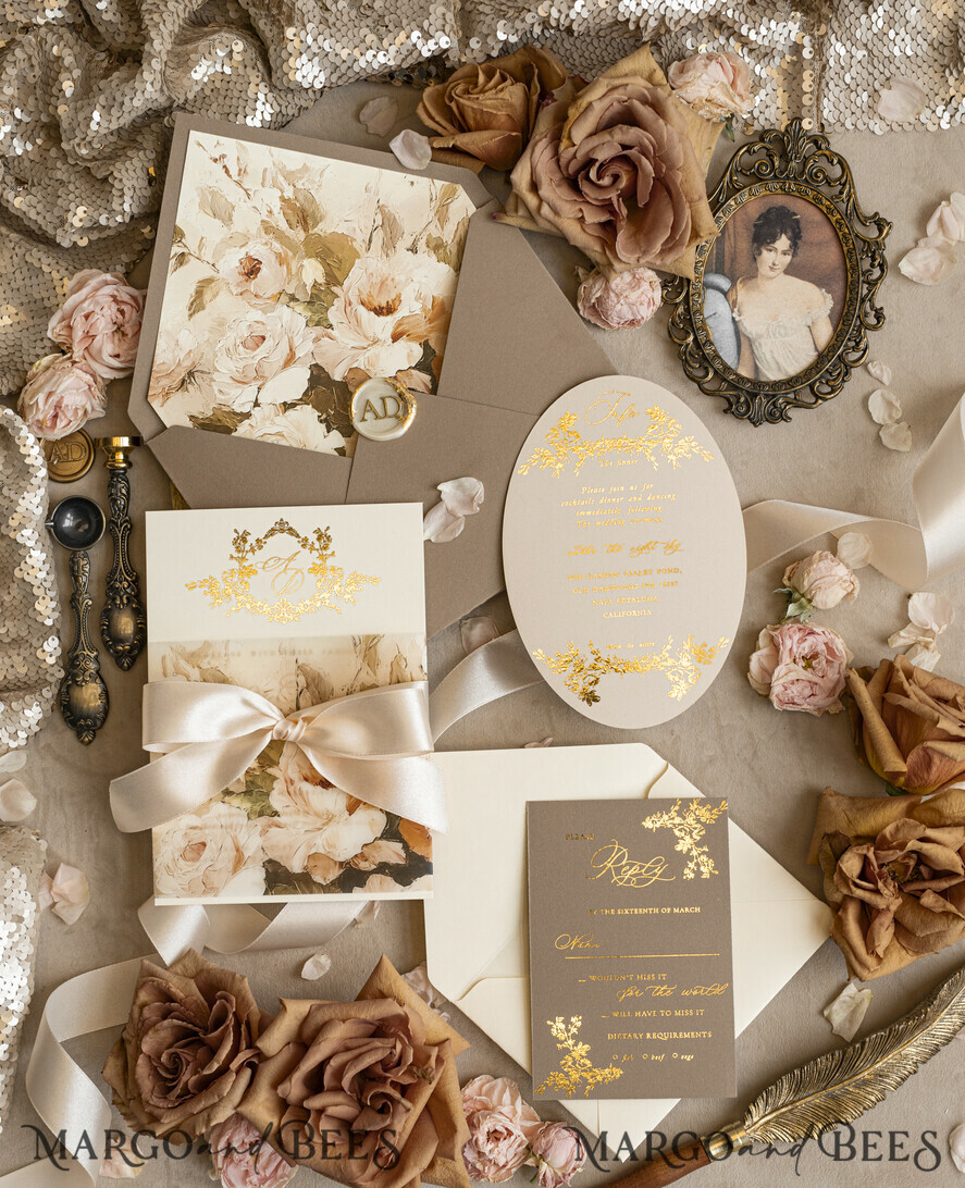 WEDDING INVITATIONS Vintage Baroque Vintage Baroque Wedding Invitation suite Beige Golden Fine art Roses Wedding Invitations with rsvp Victorian wedding crest Chinoiserie Invites Royal Ornamental frame