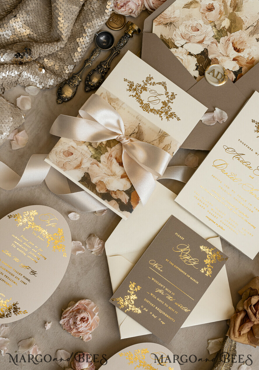 WEDDING INVITATIONS Vintage Baroque Vintage Baroque Wedding Invitation suite Beige Golden Fine art Roses Wedding Invitations with rsvp Victorian wedding crest Chinoiserie Invites Royal Ornamental frame