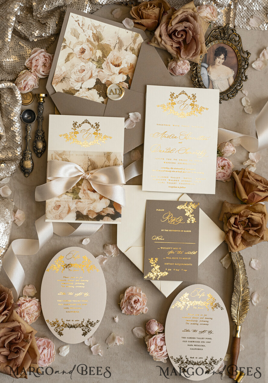 WEDDING INVITATIONS Vintage Baroque Vintage Baroque Wedding Invitation suite Beige Golden Fine art Roses Wedding Invitations with rsvp Victorian wedding crest Chinoiserie Invites Royal Ornamental frame