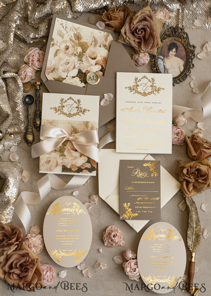 WEDDING INVITATIONS Vintage Baroque Vintage Baroque Wedding Invitation suite Beige Golden Fine art Roses Wedding Invitations with rsvp Victorian wedding crest Chinoiserie Invites Royal Ornamental frame