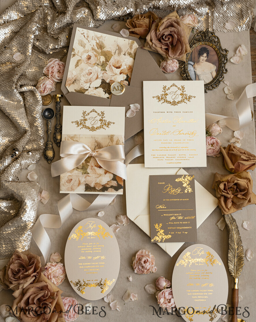 WEDDING INVITATIONS Vintage Baroque Vintage Baroque Wedding Invitation suite Beige Golden Fine art Roses Wedding Invitations with rsvp Victorian wedding crest Chinoiserie Invites Royal Ornamental frame