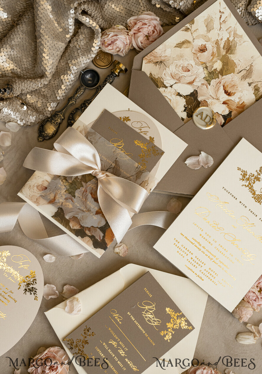 WEDDING INVITATIONS Vintage Baroque Vintage Baroque Wedding Invitation suite Beige Golden Fine art Roses Wedding Invitations with rsvp Victorian wedding crest Chinoiserie Invites Royal Ornamental frame