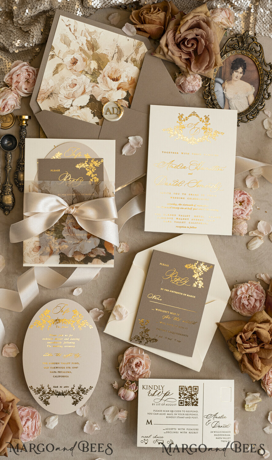 WEDDING INVITATIONS Vintage Baroque Vintage Baroque Wedding Invitation suite Beige Golden Fine art Roses Wedding Invitations with rsvp Victorian wedding crest Chinoiserie Invites Royal Ornamental frame
