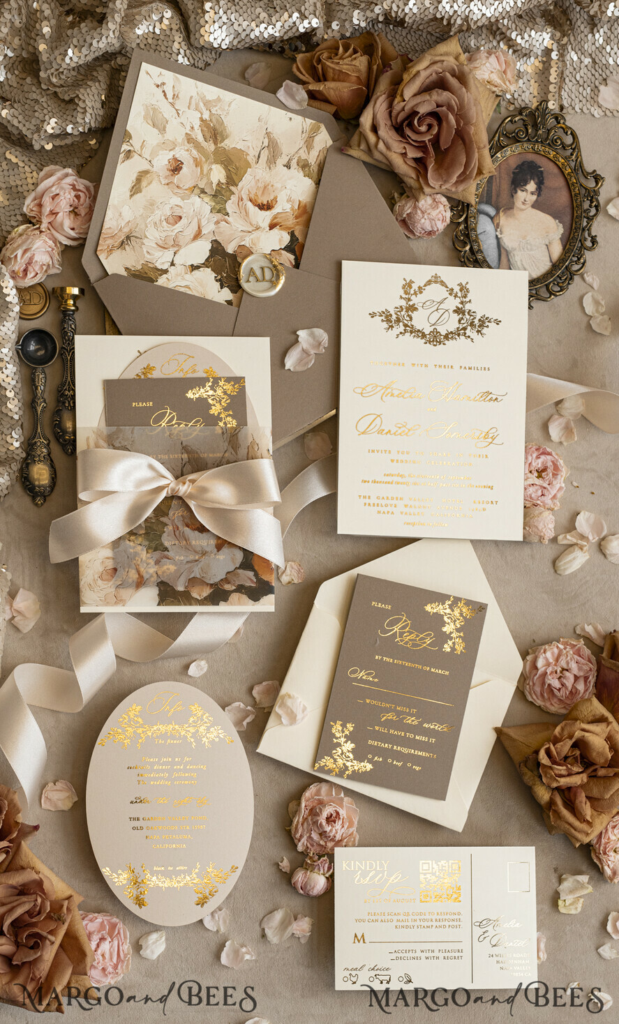 WEDDING INVITATIONS Vintage Baroque Vintage Baroque Wedding Invitation suite Beige Golden Fine art Roses Wedding Invitations with rsvp Victorian wedding crest Chinoiserie Invites Royal Ornamental frame
