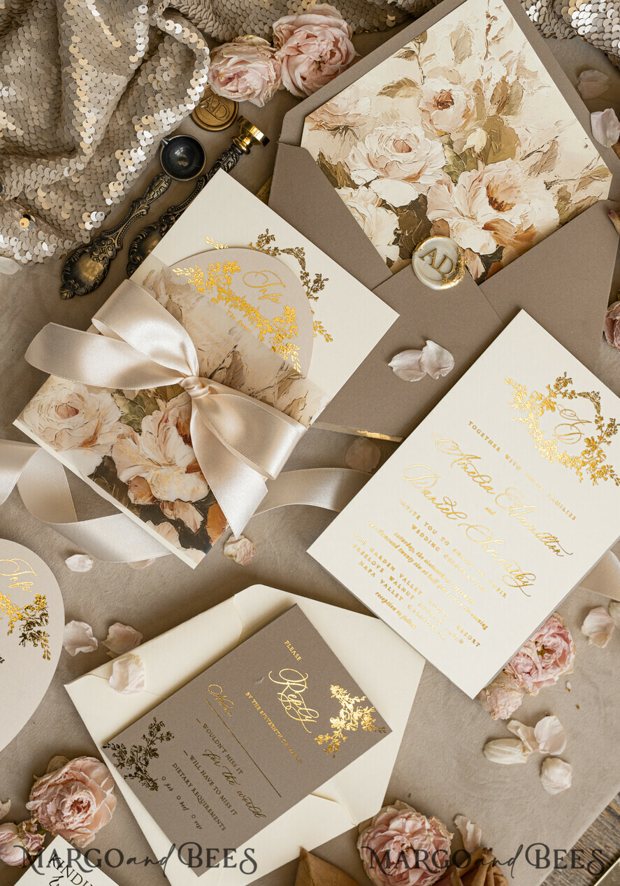 WEDDING INVITATIONS Vintage Baroque Vintage Baroque Wedding Invitation suite Beige Golden Fine art Roses Wedding Invitations with rsvp Victorian wedding crest Chinoiserie Invites Royal Ornamental frame