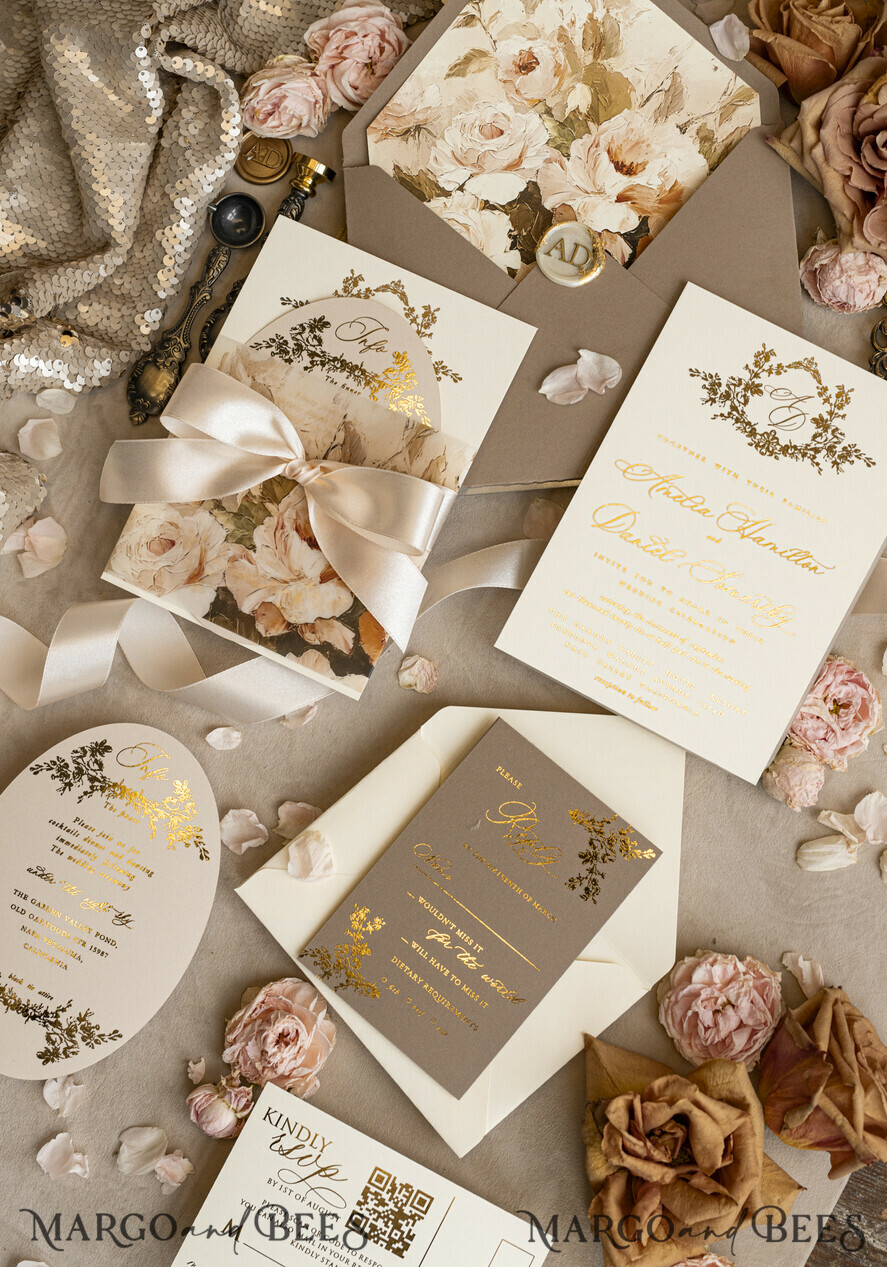 WEDDING INVITATIONS Vintage Baroque Vintage Baroque Wedding Invitation suite Beige Golden Fine art Roses Wedding Invitations with rsvp Victorian wedding crest Chinoiserie Invites Royal Ornamental frame