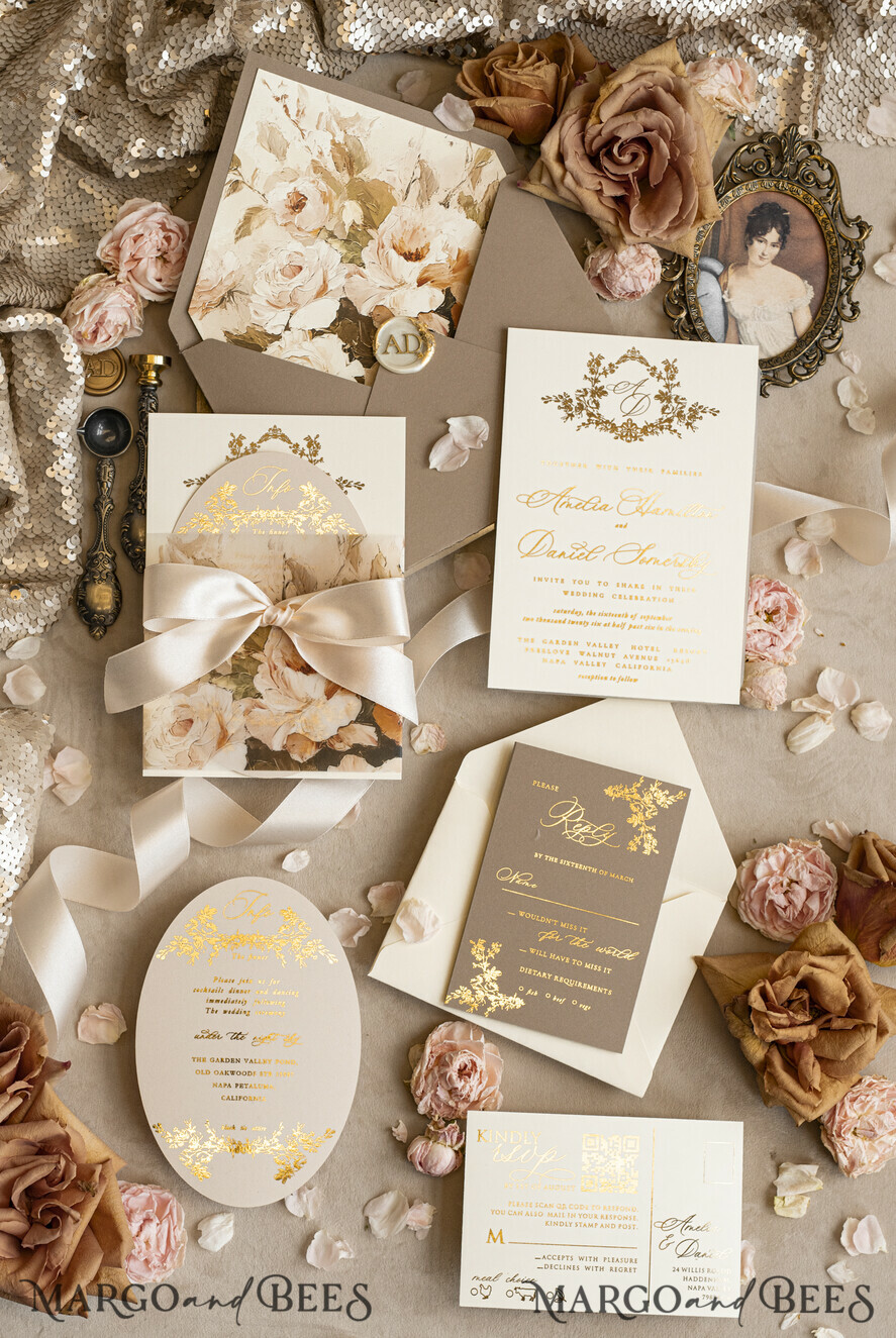 WEDDING INVITATIONS Vintage Baroque Vintage Baroque Wedding Invitation suite Beige Golden Fine art Roses Wedding Invitations with rsvp Victorian wedding crest Chinoiserie Invites Royal Ornamental frame