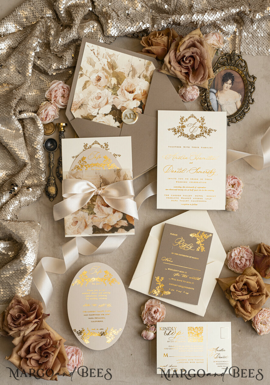 WEDDING INVITATIONS Vintage Baroque Vintage Baroque Wedding Invitation suite Beige Golden Fine art Roses Wedding Invitations with rsvp Victorian wedding crest Chinoiserie Invites Royal Ornamental frame