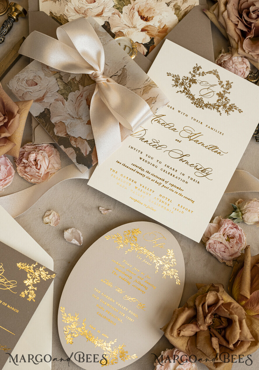WEDDING INVITATIONS Vintage Baroque Vintage Baroque Wedding Invitation suite Beige Golden Fine art Roses Wedding Invitations with rsvp Victorian wedding crest Chinoiserie Invites Royal Ornamental frame